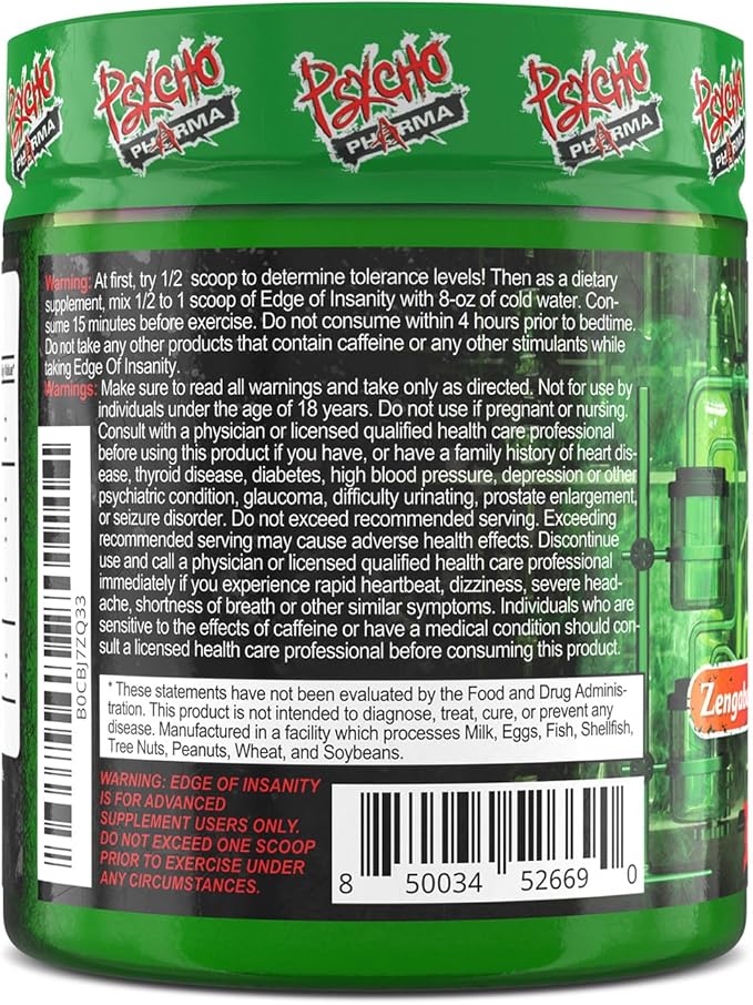 Psycho Pharma New Perfect Powders with Zengaba Energy Feel Good Focus Edge of Insanity - Most Intense Workout Powder for Focus, Strength & Energy (MaliBlue Blast)