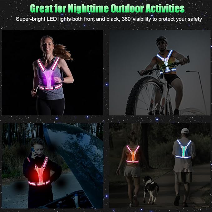 LED Reflective Vest Running Gear, 5 Colors Lights Up Running Vest for Night Walking Cycling Jogging, Adjustable Size for Men Women Kids, Rechargeable and High Visible