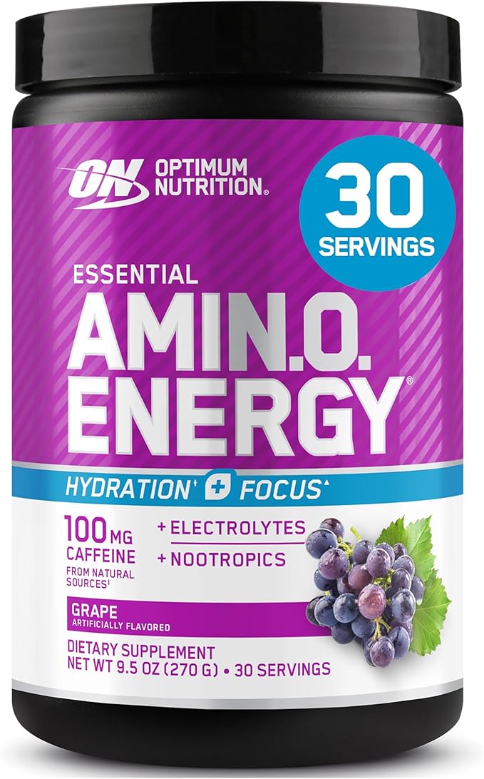 Optimum Nutrition Amino Energy Powder Plus Focus, with BCAA, Electrolytes, and Caffeine, Grape, 30 Servings (Packaging May Vary)