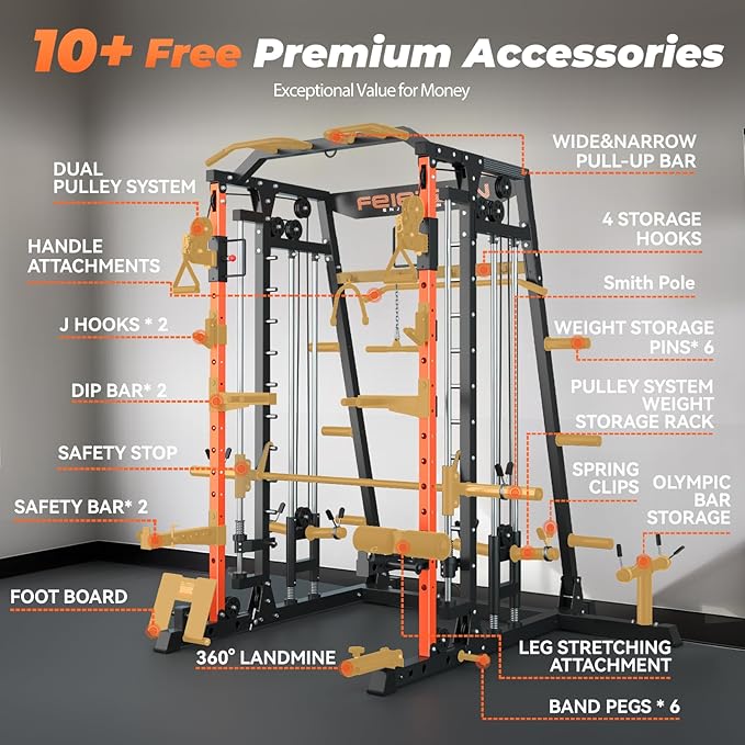 FEIERDUN Smith Machine Deadlift Power Cage FOR01,2200lbs Squat Rack for Home Gym,Dual LAT Pull Down & Cable Crossover Machine with Leg Hold-Down Attachment