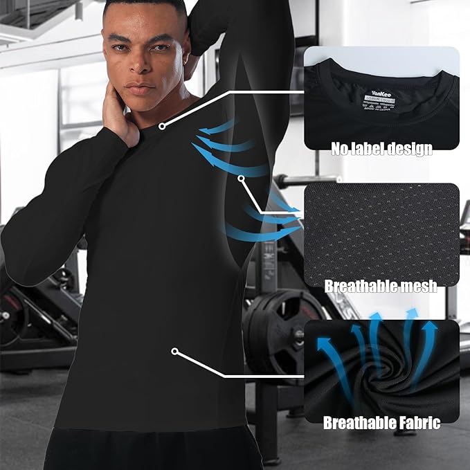 Men's Long Sleeve Compression Shirts Athletic Sport Undershirts Tight Base Layer Tops Rash Guard Workout Running Gym