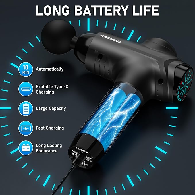 RAEMAO Massage Gun, Handheld Electric Deep Tissue Muscle Massager for Athletes for Pain Relief Attaching 8 Replacement Heads, Percussion Massager with 10 Speeds, Father's Day Gifts, Black