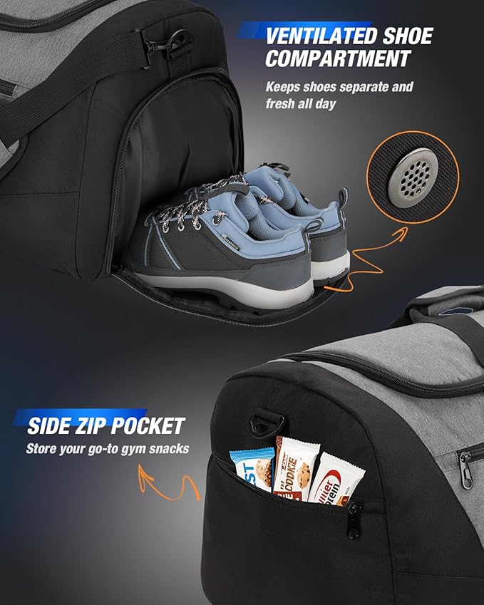 Gonex Gym Duffel Bag with Shoe Compartment Wet Pocket, Large Capacity Sports Duffle Bag for Men Women, Workout & Travel Bag with Multiple Pockets, Black/Gray, Medium (60L)