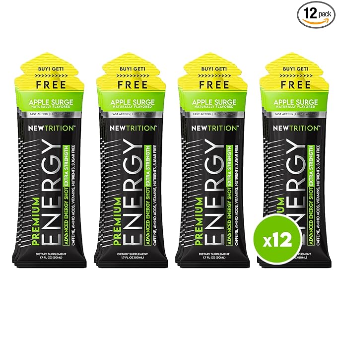 NewTrition® Extra Strength Energy Shots, 250mg Caffeine Energy Shots with Vitamin B & Amino Acids, Sugar-Free Vitamin Energy Shot, 1.7 fl oz (Pack of 12, Apply Surge)