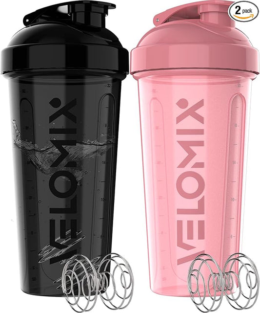 VELOMIX -2 Pack- 28 oz Protein Shaker Bottles for Protein Mixes - 2x Wire Whisk | Leak Proof Shaker Cups for Protein Shakes | Protein Shaker Bottle Pack | Shakers for Protein Shakes-Pink&Black