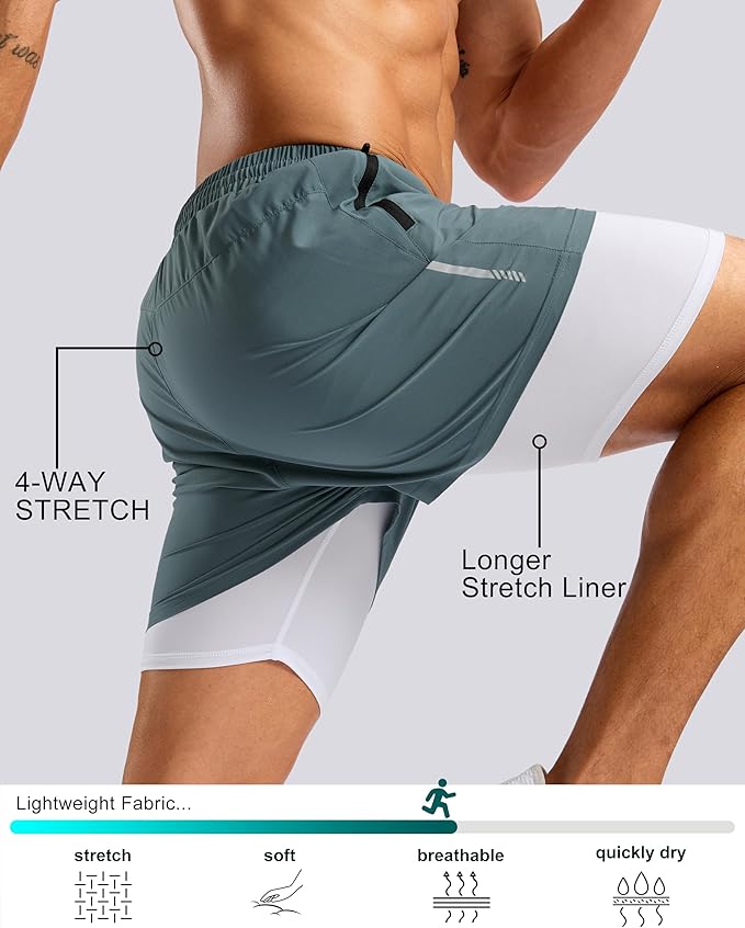 Pudolla Men's 7" Running Shorts with Zipper Pockets Quick Dry 2 in 1 Workout Gym Shorts with Liner for Tennis Yoga Training
