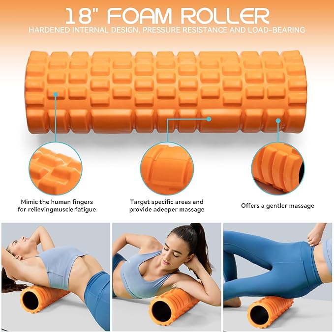 Foam Roller High Density Foam Roller Set for Deep Tissue Muscle Massage, 18" Trigger Point Fitness Exercise Massage Roller Self-Myofascial Release for Whole Body (Orange)