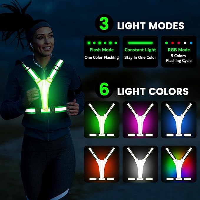 LED Reflective Running Vest Gear,Light Up Vest Runners Night Walking USB Rechargeable,Up to 11hrs Light with Adjustable Waist/Shoulder for Women Men Kids