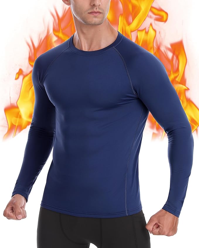 Mens Thermal Compression Shirts, Warm Long Sleeve Fleece Lined Tops Athletic Base Layer for Running Cold Weather
