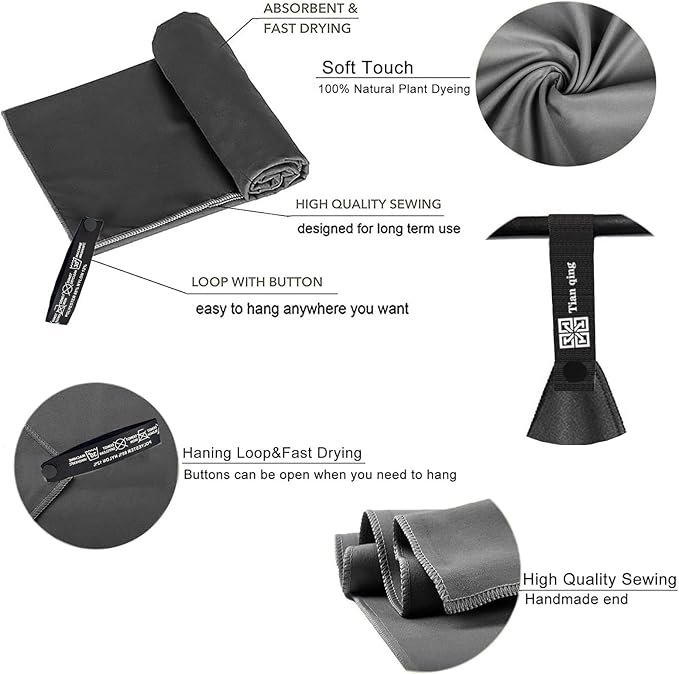 Microfiber Towel Set, 3 Pieces, Fast Drying, Soft Touch, Lightweight, Multiple Sizes for Beach, Camping, Travel,Backpacking, Gym,Sports,Yoga,Swim Use,Dark Gray