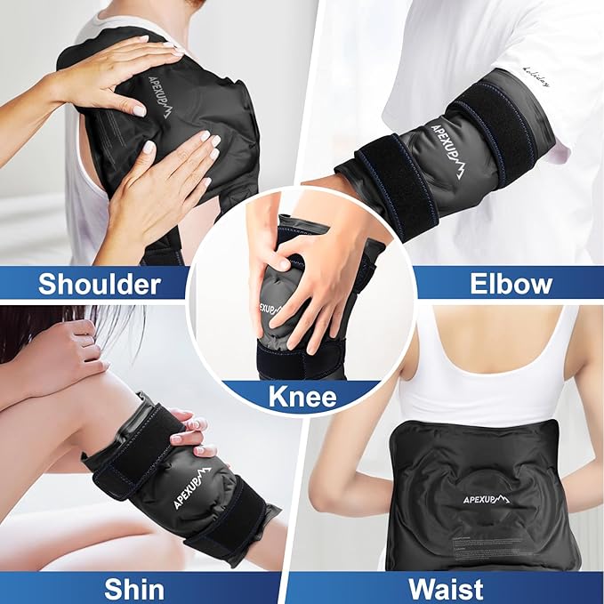 APEXUP Ice Pack for Knee Pain Relief, Large Reusable Wrap After Surgery, Flexible Gel Cold Pack for Injuries, Pain Relief for Back, Shoulder, Elbow, Ankle and Leg (Black, XXL, 1PK)