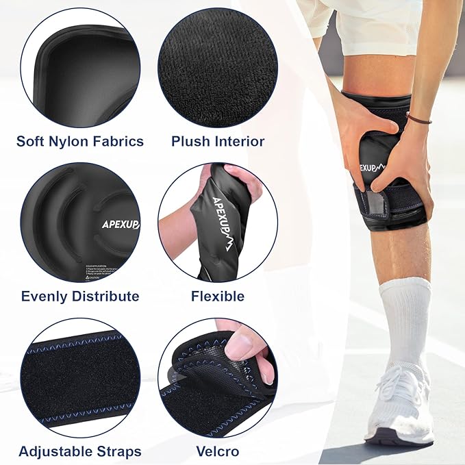APEXUP Ice Pack for Knee Pain Relief, Large Reusable Wrap After Surgery, Flexible Gel Cold Pack for Injuries, Pain Relief for Back, Shoulder, Elbow, Ankle and Leg (Black, L, 2PK)
