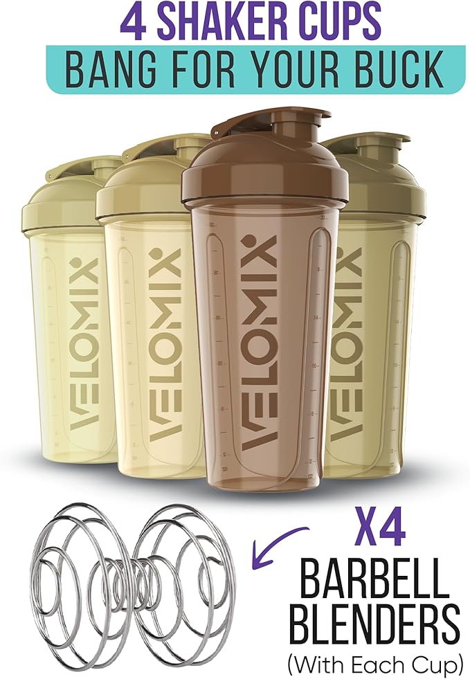 VELOMIX -4 PACK- 28 oz Protein Shaker Bottle for Protein Mixes - 4x Wire Whisk | Leak Proof Shaker Cups for Protein Shakes | Protein Shaker Bottle Pack | Protein Shake Cup (Brown)