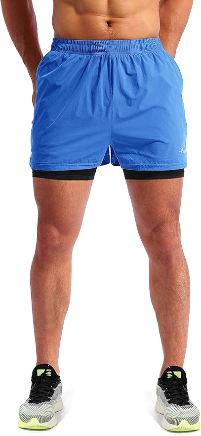 Pudolla Men’s 2 in 1 Running Shorts 5" Quick Dry Gym Athletic Workout Shorts for Men with Phone Pockets