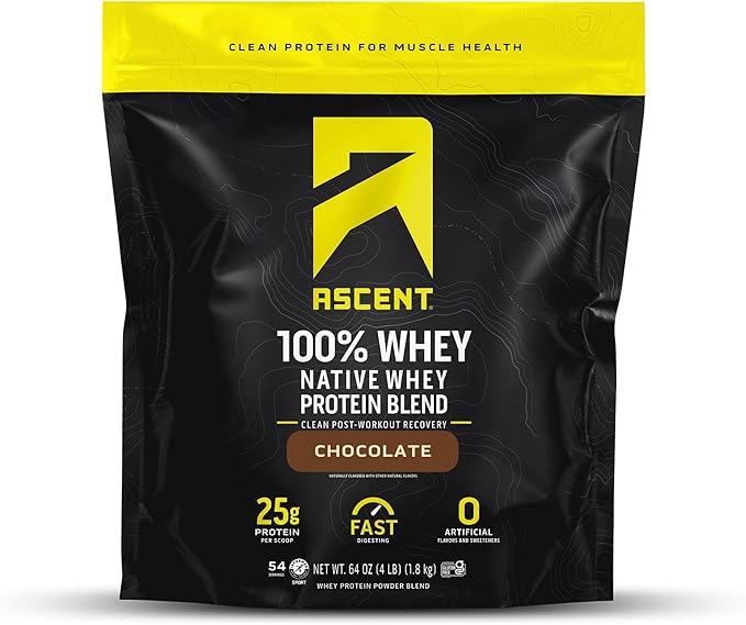 Ascent 100% Whey Protein Powder - Post Workout Whey Protein Isolate, Zero Artificial Flavors & Sweeteners, Soy & Gluten Free, 5.5g BCAA, 2.6g Leucine, Essential Amino Acids, Chocolate 4 lb