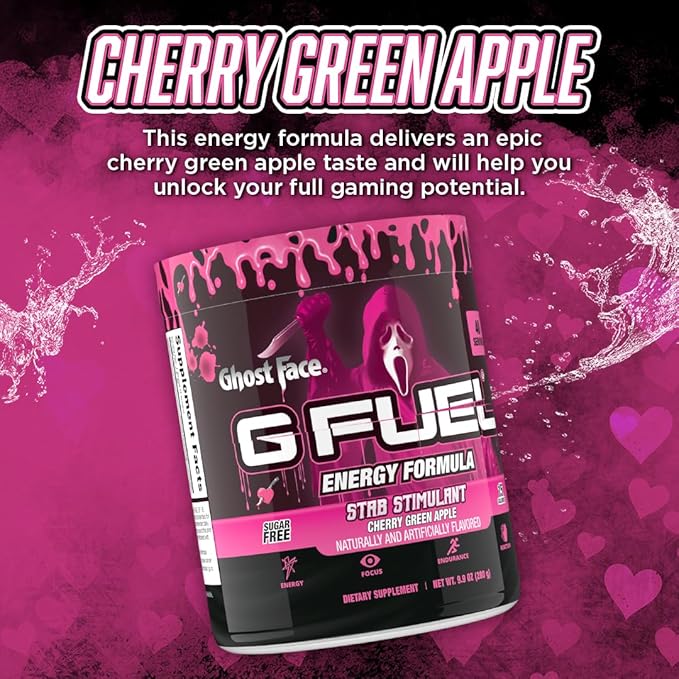 G Fuel Ghost Face Energy Drink Powder, Pre Workout Caffeine Mix for Gaming, Sugar Free Focus Amino, Vitamin + Antioxidants, 9.9oz (Cherry Green Apple, 40 Servings)