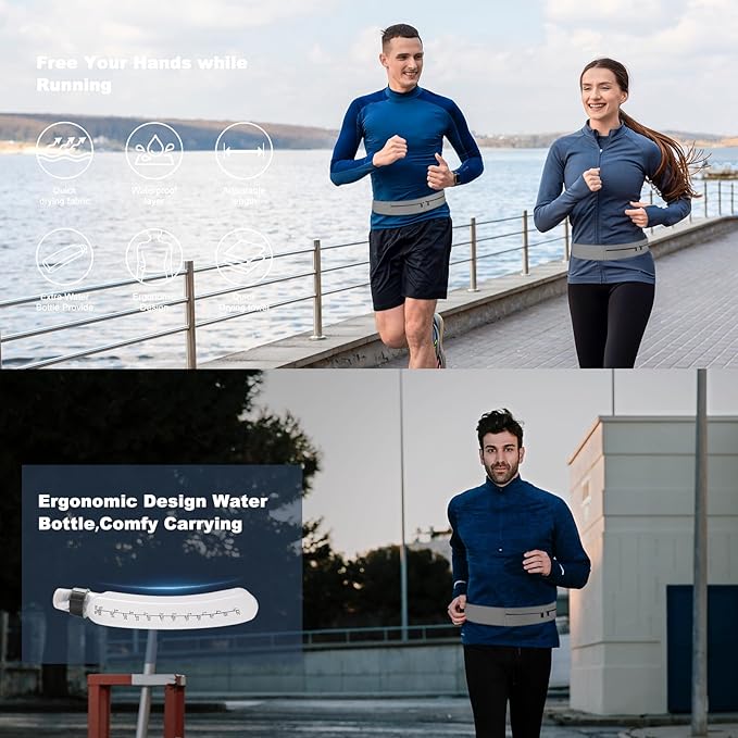 Running Belt for Women and Men, Water Proof Running Belts Fanny Pack with Water Bottle,Slim Hydration Running Bag Belts with Phone Bottle Holder Adjustable Fit for Runner (Grey, Large)