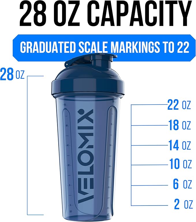 VELOMIX -2 Pack- 28 oz Protein Shaker Bottles for Protein Mixes - 2x Wire Whisk | Leak Proof Shaker Cups for Protein Shakes | Protein Shaker Bottle Pack | Shakers for Protein Shakes-Blue&Black