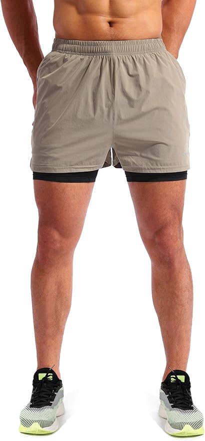 Pudolla Men’s 2 in 1 Running Shorts 5" Quick Dry Gym Athletic Workout Shorts for Men with Phone Pockets
