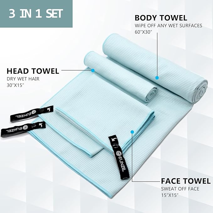 Eunzel Quick Dry Camping Towel, Microfibre Ribbed Towel Travel Towel 3 Sizes 1 Pack Fast Drying Towel Set for Camping, Beach, Gym, Sports, Yoga & Swimming Pool, Green