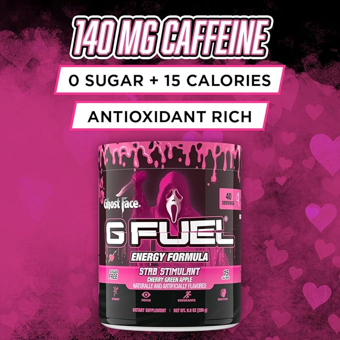 G Fuel Ghost Face Energy Drink Powder, Pre Workout Caffeine Mix for Gaming, Sugar Free Focus Amino, Vitamin + Antioxidants, 9.9oz (Cherry Green Apple, 40 Servings)