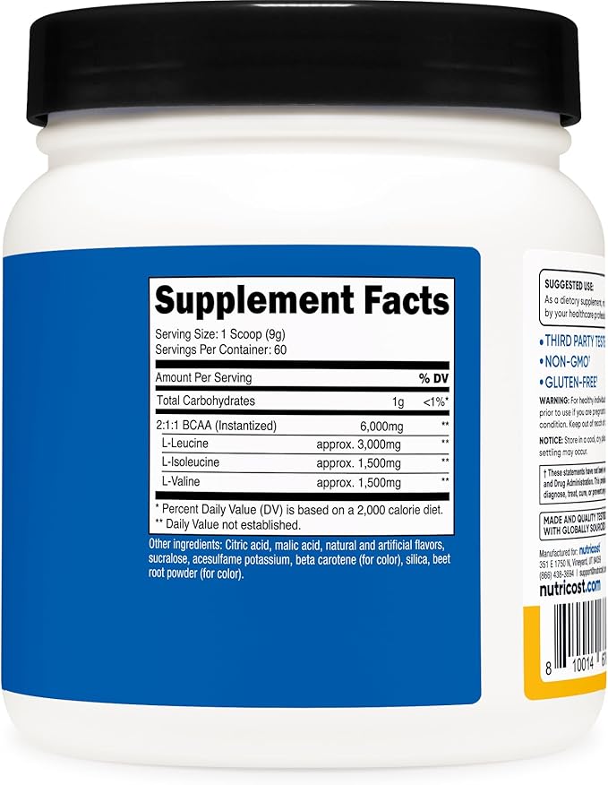 Nutricost BCAA Powder (Orange Mango, 60 Servings) - 2:1:1 Optimal Ratio, Gluten Free, Non-GMO, Vegetarian