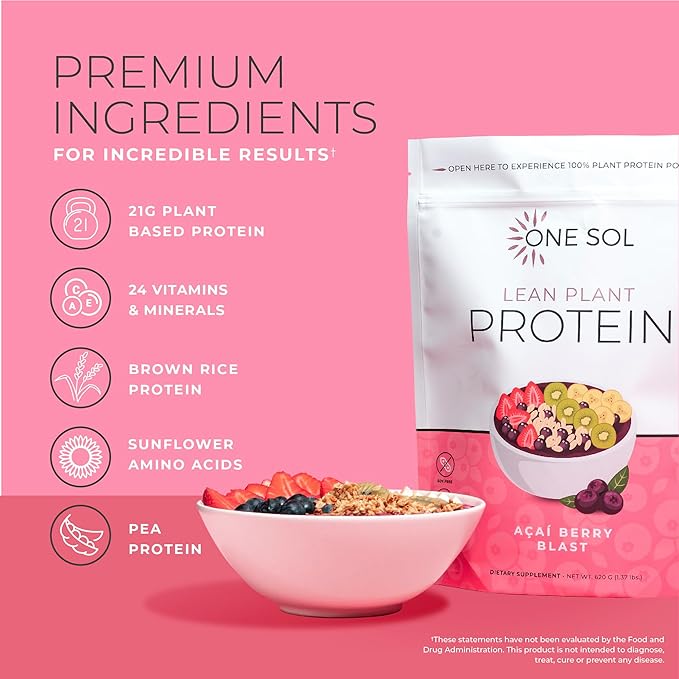 One Sol Lean Plant-Based Protein Powder, Pea & Brown Rice Protein, Low Carb, Vegan Friendly - Gluten, Lactose, & Soy Free - No Added Sugar, Non-GMO, Clean Nutrition, No Bloating (Acai Berry Blast)