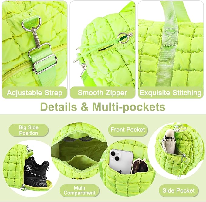 Quilted Travel Duffle Bag Gym Bag for Women,Large Puffer Duffle Weekender Bag with Compartment,Workout Overnight Carry on Organizer Bag Duffle Bag for Airplane Travel(L-Green)