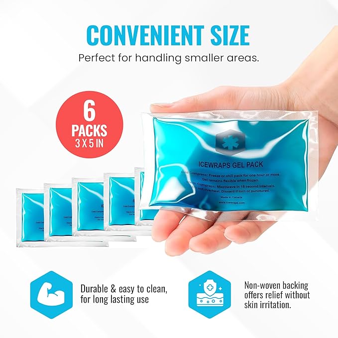 ICEWRAPS Hot & Cold Ice Packs - 3 x 5 in. Soft Gel Ice Packs – Reusable for Injuries Headaches, Joints, Fevers, & More – Made of Pro-Grade, Puncture-Proof Material (6 Packs)