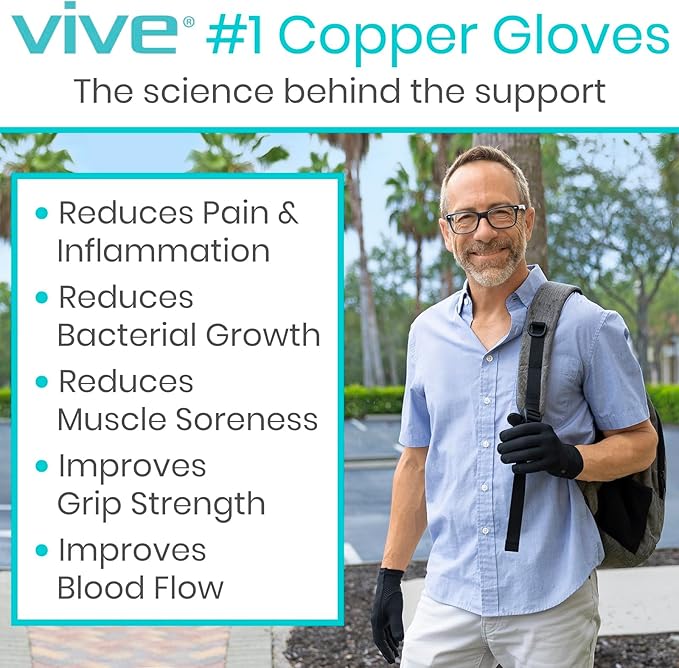 Vive Copper Arthritis Gloves - Full Hand Compression Touchscreen Finger - For Carpal Tunnel, Rheumatoid, Joint Pain, Inflammation - Flexible Wrist and Thumb Pressure Relief for Typing - For Men, Women