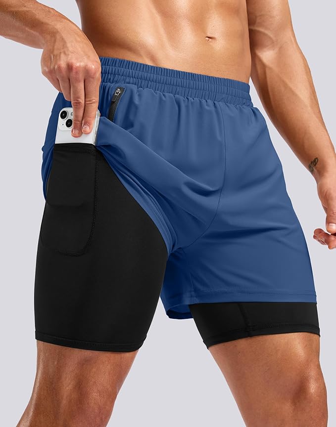 Pudolla Men's 7" Running Shorts with Zipper Pockets Quick Dry 2 in 1 Workout Gym Shorts with Liner for Tennis Yoga Training
