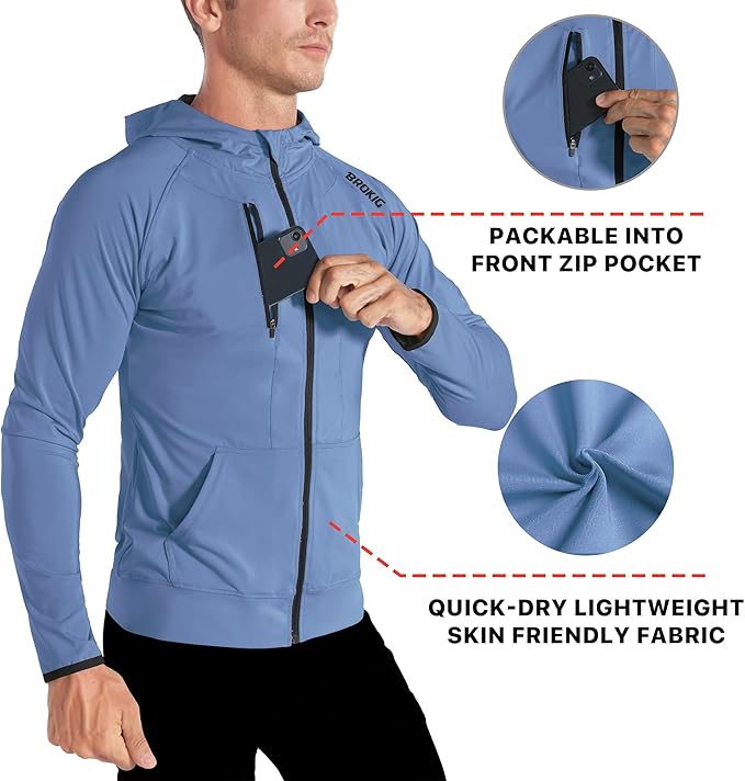 BROKIG Mens WindBreak Lightweight Running Jackets with Zip Pocket, Workout Track Hoodie Athletic Gym Sweatshirts Men