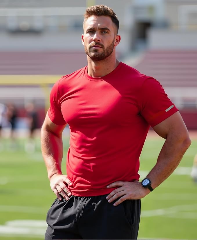 Mens Workout Shirts Fitted, Quick Dry Gym Tshirts Running Athletic Top Moisture Wicking Tee