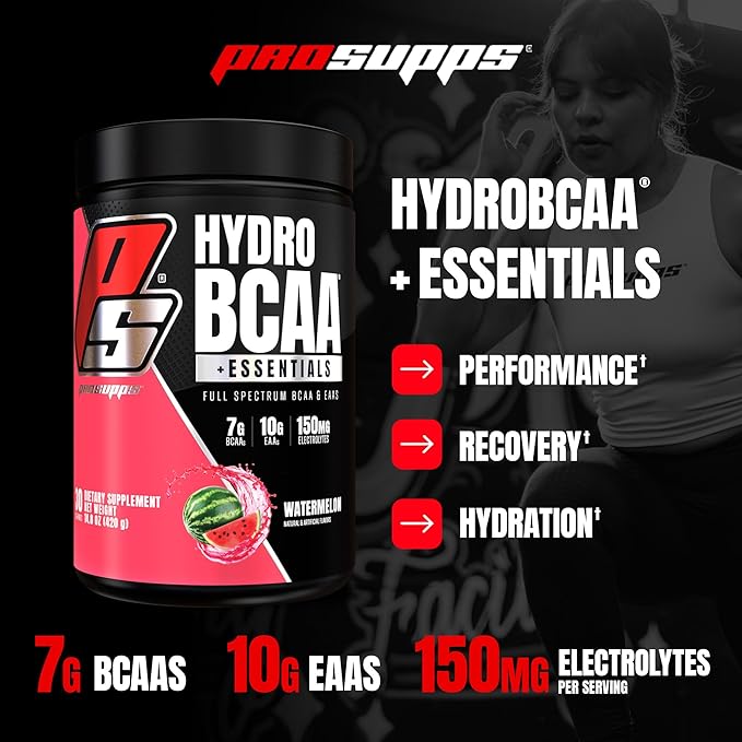 PROSUPPS HydroBCAA Essential Amino Acids Powder, Watermelon - Workout Supplement with BCAA, EAAs & Electrolytes for Hydration & Recovery - Stimulant-Free, Soy & Gluten-Free - 30 Servings