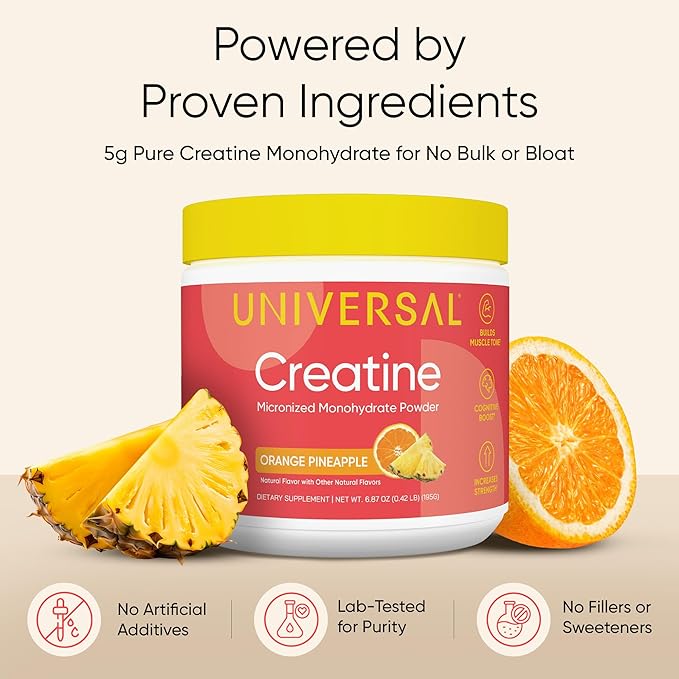 Universal U Creatine Monohydrate for Women - Flavored Creatine Powder, Female Strength, Energy, Lean Muscle Support and Recovery Supplement, No Bloat, No Bulk, 5g Per Serving, 30 Sv, Orange Pineapple