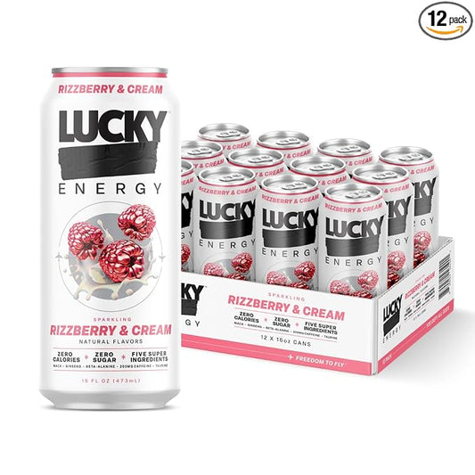 Lucky Energy Sugar Free Energy Drinks, Rizzberry and Cream, 16oz Cans (12-Pack) Healthy, Zero Sugar Energy Drink with Maca, Ginseng, Beta-Alanine, Taurine & 200mg Caffeine