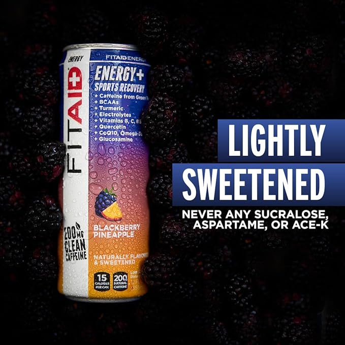 FITAID ENERGY, 200mg Natural Caffeine, Keto, Blackberry Pineapple, Omega-3s, 15 calories, Paleo, Vegan & Gluten-Free, No Artificial Sweeteners, 12-oz. cans (Pack of 12)