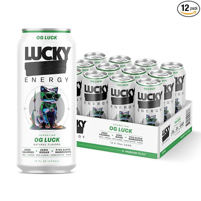 Lucky Energy Sugar Free Energy Drinks 16 Fl Oz Cans (12-Pack) Healthy Energy Drink. OG Luck with Maca, Ginseng, Taurine, Beta-Alanine, 200mg Caffeine