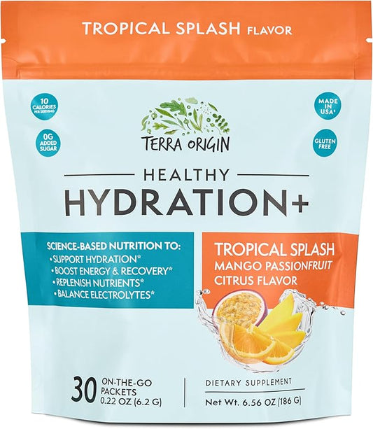 TERRA ORIGIN Healthy Hydration+ Tropical Splash Electrolyte Powder Packets | After Alcohol Aid with DHM | Mango Passionfruit Citrus Flavor | 30 On The Go Packs