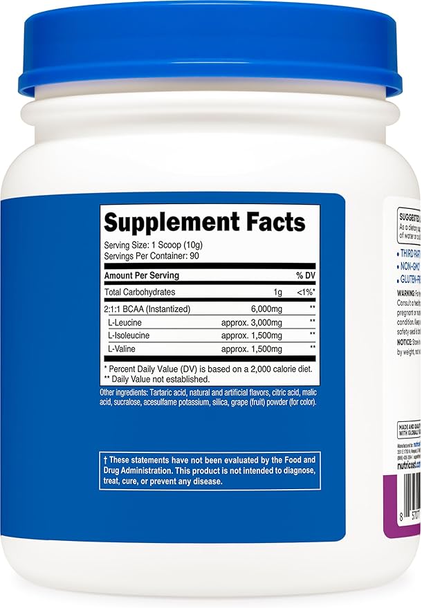 Nutricost BCAA Powder (Grape, 90 Servings) - Optimal 2:1:1 Ratio, Vegetarian, Non-GMO