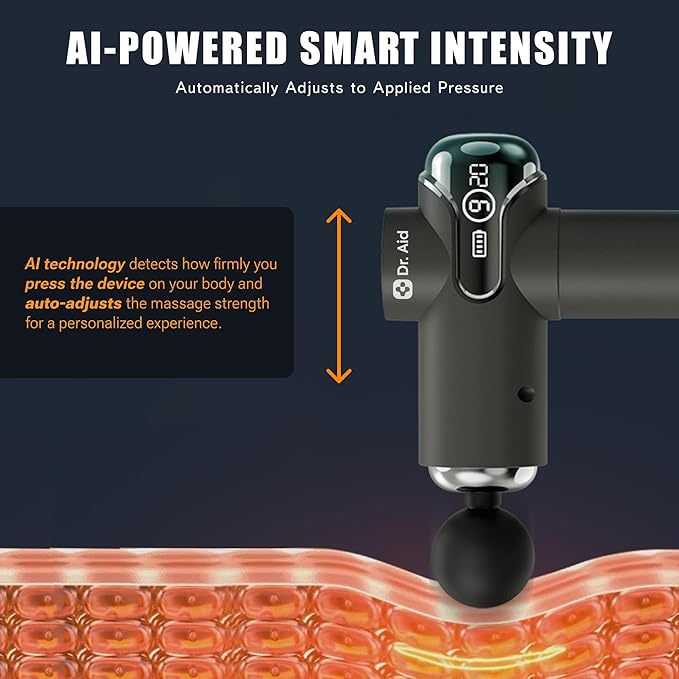 Dr. Aid Massage Gun – Deep Tissue Muscle Massager Gun for Pain Relief, 8 Heads, AI-Powered 9-Speed Smart Levels, Quiet & Powerful Motor, 6-Hour Battery Life, Travel Case Included, Black