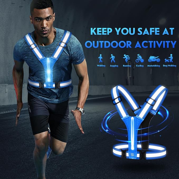 Simket Led Reflective Vest Running Gear, High Visibility Reflective Running Gear Rechargeable Adjustable Led Running Vest, Safety Night Running Gear for Men Women