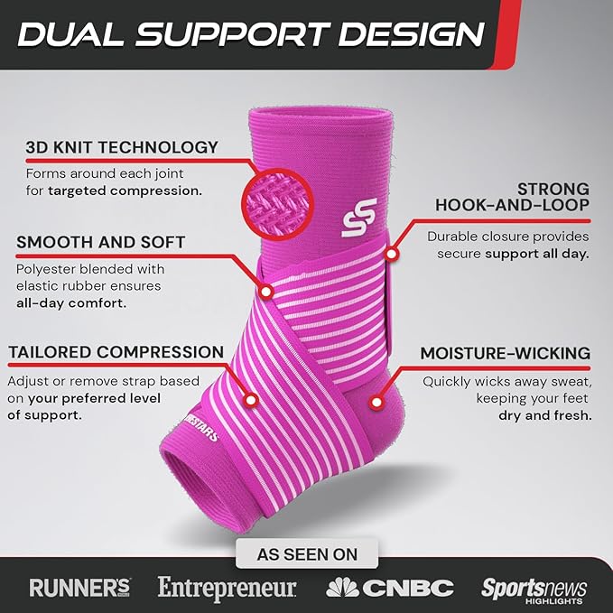Sleeve Stars Ankle Brace for Women & Men, Ankle Wrap for Sprained Ankle, Compression Sleeve for Plantar Fasciitis Relief, Easy Customizable Support: w/Removable Strap (Single/S:9"-10"/Hot Pink)