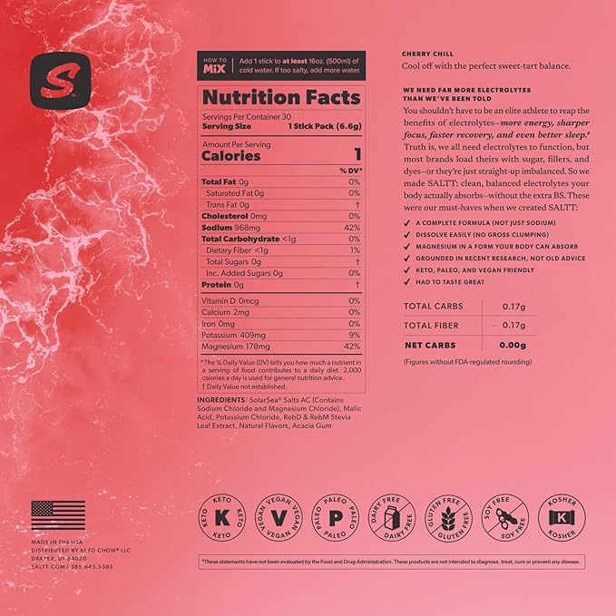 SALTT Electrolytes Powder Flavored Drink Mix - Cherry Chill - 30 Hydration Packets - Magnesium, Potassium, Sodium, Trace Minerals - Zero Sugar & Gluten Free - Travel Essentials