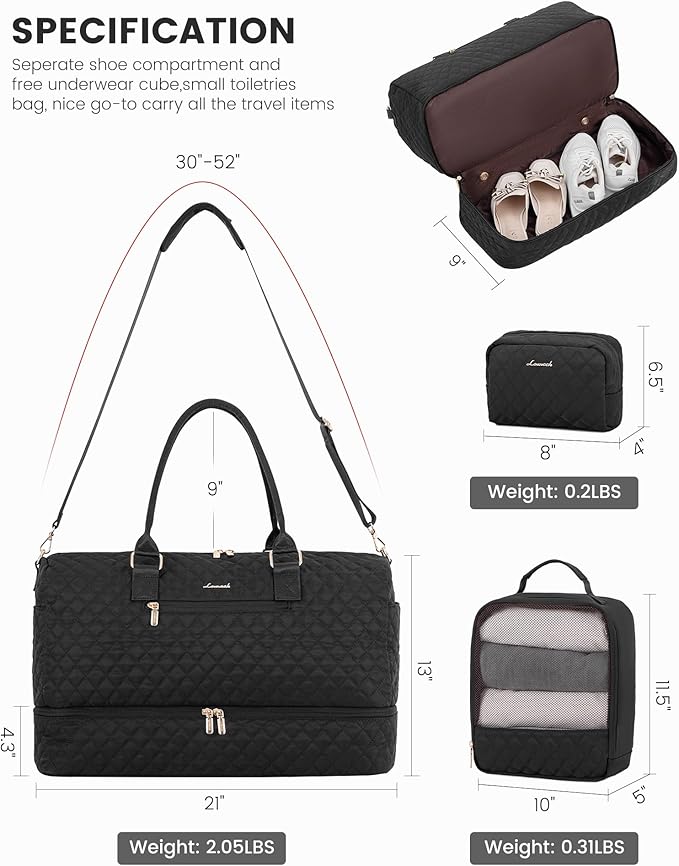 LOVEVOOK Travel Duffle Bag for Women, Weekender Overnight Bag with Shoe Compartment, Carry on Bag with Toiletry Bag, Gym Duffel Bag with Wet Pocket, Hospital Bags for Labor and Delivery 3 Pcs Set