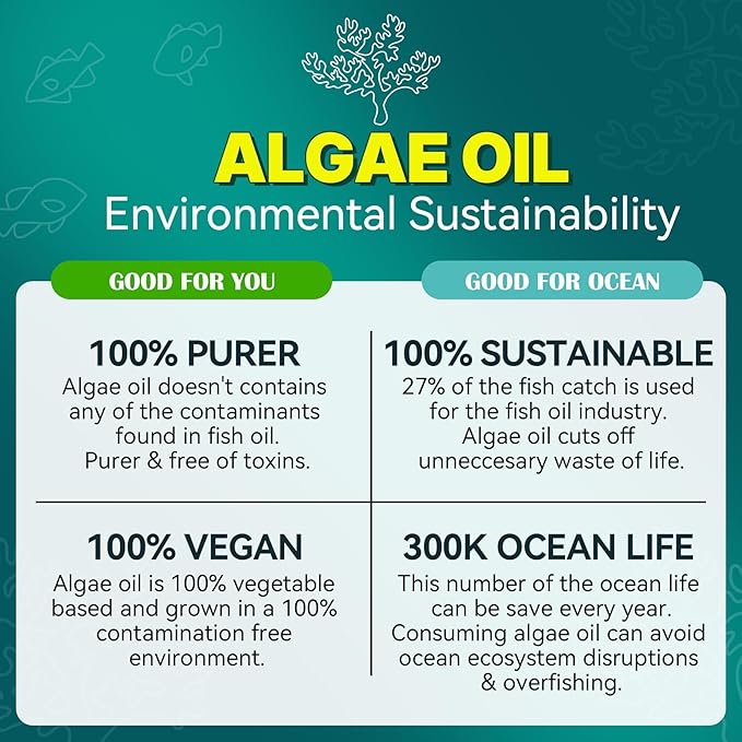 Algae Omega 3 Gummies 1000mg, Plant Based DHA 460mg & EPA 230mg, Omega 3 Fish Oil Alternative for Adults, Plus MethylFolate, Vitamin B12, Phosphatidylserine, No Fishy Taste, Vegan, Sugar Free, 60 Cts