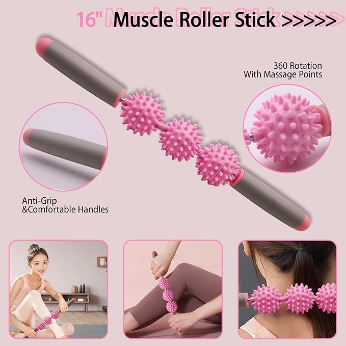 Foam Roller Set for Muscle Massage – 13"x5" Yoga Roller, 16" Spiked Massage Stick, 2.4" Ball, 2.4"x4.7" Peanut Ball, 16" Figure-8 Band & 12" Resistance Band with Foam Handles for Fitness & Recovery