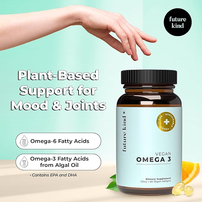 Future Kind Vegan Omega 3 Supplement - Glass Bottle, Carrageenan-Free Algae, DHA & EPA for Joint & Mood Support - 2 Month Supply for Kids & Adults