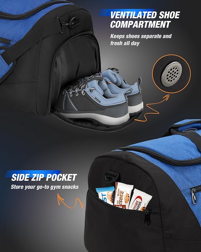 Gonex Gym Duffel Bag with Shoe Compartment Wet Pocket, Large Capacity Sports Duffle Bag for Men Women, Workout & Travel Bag with Multiple Pockets, Black/Blue, Medium (60L)