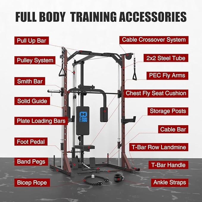 FAGUS Smith Machine Home Gym Power Cage with Pulley System, Space Saving Design Squat Rack with Full Body Strength Training Attachments, PEC Station & Fixed Cable Crossover Optional